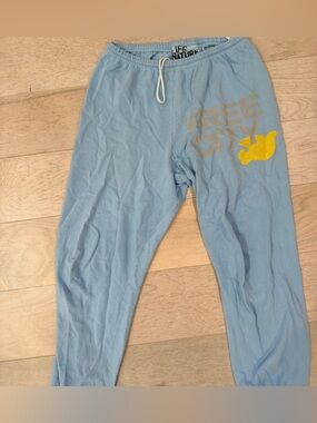 Light Blue 'Free City' Lounge Pants with Yellow Graphic